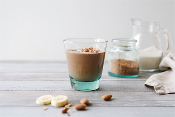 Chocolate Banana smoothie with almonds. Healthy lifestyle