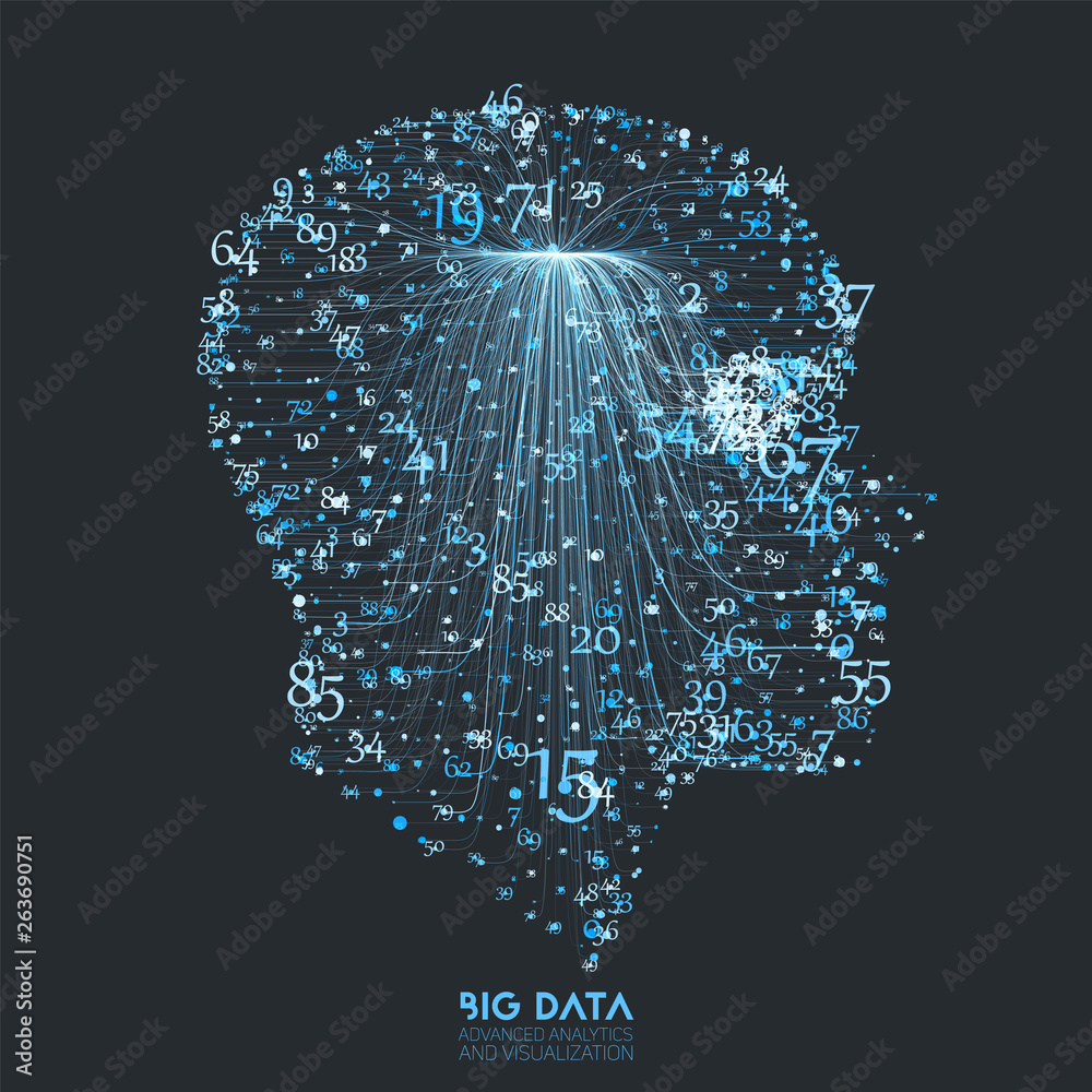 Poster Human Big data visualization. Futuristic Artificial intelligence concept. Cyber mind aesthetic design. Machine learning. Complex data threads in form of head side view and binary data.