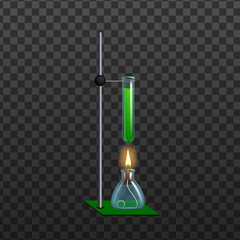 Realistic Chemical Laboratory Equipment Vector. Laboratory Glass Flask With Green Liquid, Beaker And Spirit Alcohol Lamp Isolated Image On Transparency Grid Background. 3d Illustration