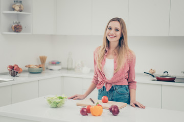 Photo portrait of lovely excited confident beautiful slim nice attractive she her lady standing preparing tasty yummy delicious meal for supper