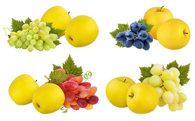 Fresh yellow apples and grapes isolated on white background with clipping path