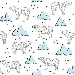 Ornament with bears. Abstract polygonal bear seamless pattern background in Scandinavian style.  Bears on a background of mountains