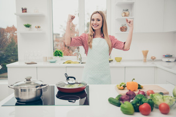 Fototapeta na wymiar Close up photo beautiful she her lady adore cooking housewife super mom does best did all preparations delicious dish wear domestic apron shirt jeans denim outfit bright home kitchen indoors