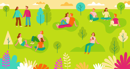 Vector illustration in simple flat style with characters - people in the park - picnic scene