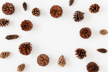 Pine cones on a white table. Flat lay with blank copy space.