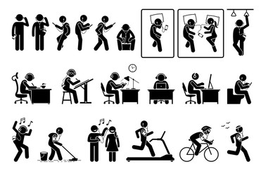 Man using phone and listening to earphone in different poses stick figures pictogram. Artworks depict people or person listening to music, podcast, or video with phone while doing various activities.