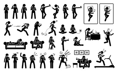 Woman using phone or smartphone in different poses, actions, emotions, reactions, and places. Artworks depicts a female stick figure using cellphone at bed, sofa, chair, restaurant, and gym room.