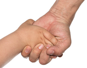 Hand of a child and father on a white background