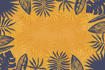 Bright orange horizontal background of dark blue hand drawn overlapping tropical leaves with copy space center. Contrast exotic border for summer greeting cards, banner design, wedding invitation