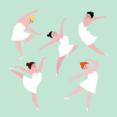 Happy plus size dancing girls set. Body positive concept vector illustration.