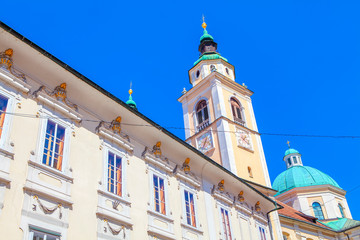 Tower and Dome of Cathedral of Saint Nicholas in Ljubljana