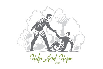 Help, fall, man, accident, people concept. Hand drawn isolated vector.