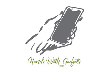 Phone, screen, mobile, hand, device, digital concept. Hand drawn isolated vector.