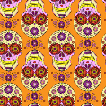 bright seamless pattern with the image of a skull, the symbol of the traditional Mexican holiday day of the dead and Day of angels