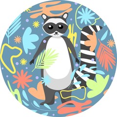 Cute cartoon style racoon in shape of round floral background vector illustration