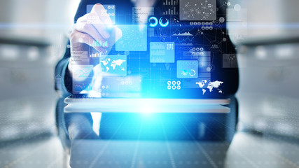 Business intelligence analyst dashboard on virtual screen. Big data Graphs Charts.