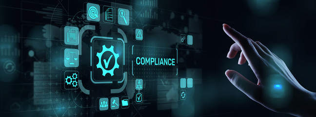 Compliance concept with icons and text. Regulations, law, standards, requirements, audit diagram on...