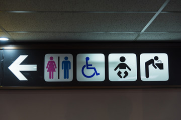 A public toilet with disabled access sign in the airport terminal.Thailand.