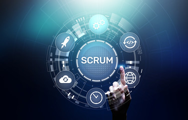 SCRUM, Agile development methodology, programming and application design technology concept on virtual screen. - obrazy, fototapety, plakaty