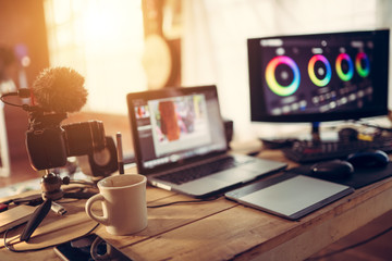 Blogger gear desktop view and Camera Laptop and Monitor Color Grading footage