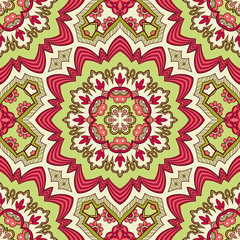 Decorative colorful ethnic seamless pattern for fabric or wrapping in oriental style. Hand drawn illustration