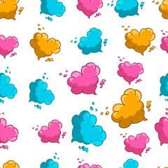 Seamless pattern with cute cartoon heart clouds