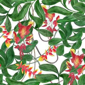 Watercolor painting seamless pattern with tropical plants and Thunbergia mysorensis (Mysore trumpetvine) flowers
