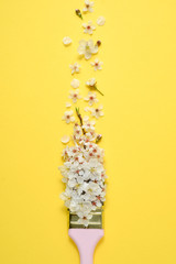 Creative flower arrangement. Paintbrush With Blossoms on pastel yellow background. Minimal nature flat lay. Top view, copy space