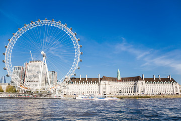 London Eye near County Hall in summer view from Thame river boat cruise. - obrazy, fototapety, plakaty