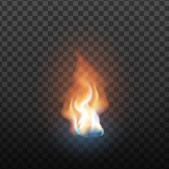 Realistic Design Burning Blaze Element Vector. Fiery Heat Single Burning Orange Fire Translucent Torch Light Tongue Effect Isolated On Transparency Grid Background. 3d Illustration - obrazy, fototapety, plakaty