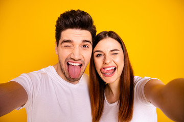 Self-portrait of his he her she two nice attractive cheerful cheery childish comic playful people...