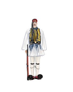 Evzon near greek parliament. Traditional greek uniform.