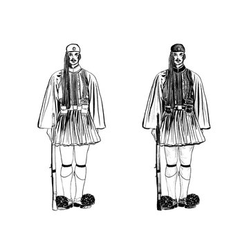 Evzon near greek parliament. Traditional greek uniform.
