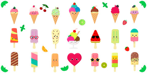 Mega set of twenty one cute kawaii character smile ice cream, in a waffle cup and on a stick, juicy fruits and berries on a white background and text. Flat style vector illustration