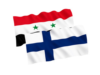 National fabric flags of Finland and Syria isolated on white background. 3d rendering illustration. 1 to 2 proportion.