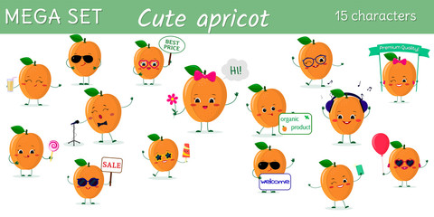 Mega set of fifteen cute kawaii ripe apricot characters in various poses and accessories in cartoon style. Vector illustration, flat design