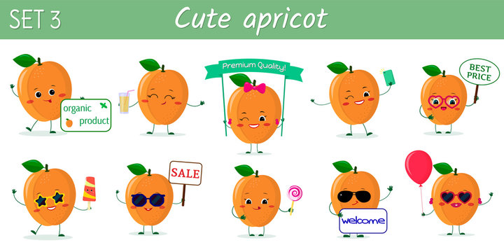Set of ten cute kawaii ripe apricot characters in various poses and accessories in cartoon style. Vector illustration, flat design