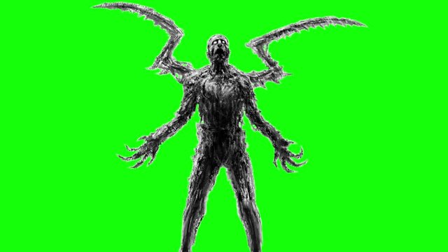 Fallen angel spreads its wings on green background. Scary monster concept animation.