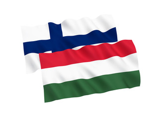 National fabric flags of Hungary and Finland isolated on white background. 3d rendering illustration. 1 to 2 proportion.