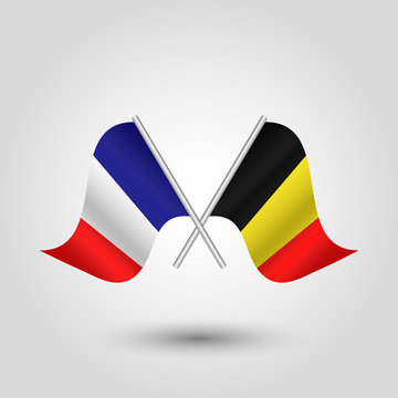 vector two crossed french and belgian flags on silver sticks - symbol of france and belgium