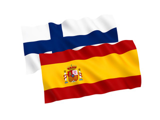 National fabric flags of Finland and Spain isolated on white background. 3d rendering illustration. Proportion 1:2