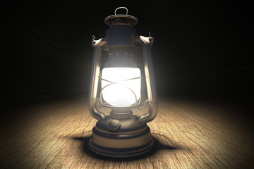 3D rendering of a camping lantern on a wood table at night © Jose Luis Stephens