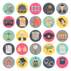 Justice and law color flat icons set for web and mobile design