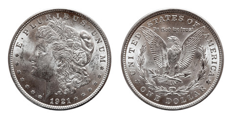 US Morgan Silver Dollar coin minted 1921, isolated on white
