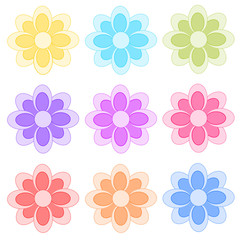 Set of colorful flowers, isolated vector elements on the white background, flat style, floral objects for greeting card, pattern, banner, packaging, print and other