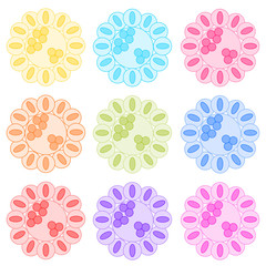 Set of colorful flowers, isolated vector elements on the white background, flat style, abstract objects for greeting card, pattern, banner, packaging, print and other
