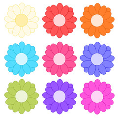 Fototapeta na wymiar Set of colorful flowers, isolated vector elements on the white background, flat style, floral objects for greeting card, pattern, banner, packaging, print and other