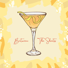 BETWEEN THE SHEETS, low-alcohol, Light rum and brandy, orange liqueur and lemon Contemporary classic cocktail illustration. Alcoholic bar drink hand drawn vector. Isolated sketch style menu item.