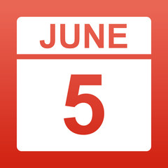June 5. White calendar on a colored background. Day on the calendar. Red background with gradient. Simple vector illustration.