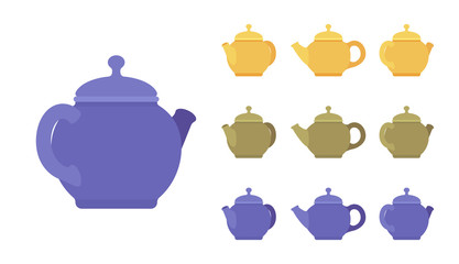 Teapot set, kitchen appliance. Elegant kettle, container to boil liquid or brew tea, traditional design. Vector flat style cartoon illustration isolated on white background, different views and colors